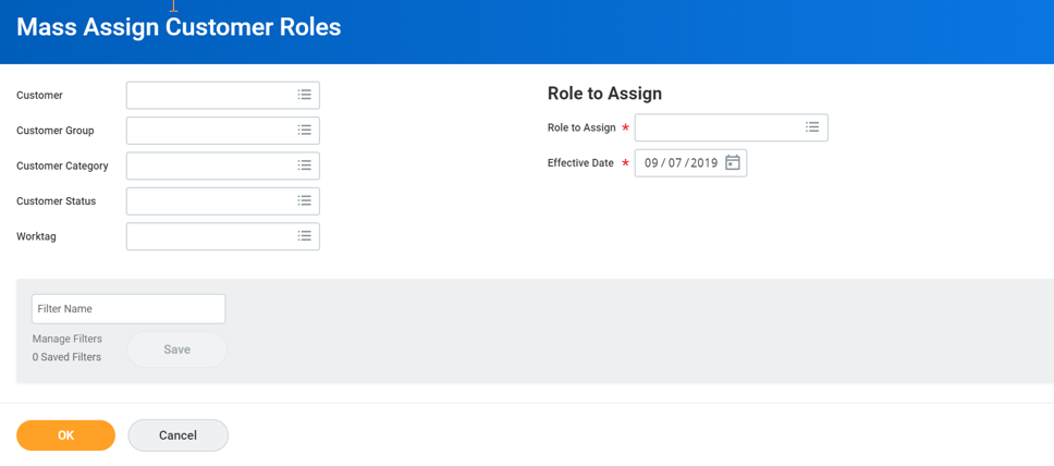 The "Mass Assign Customer Roles" screen displays filter prompts on the left and role assignment fields with an effective date on the right.
