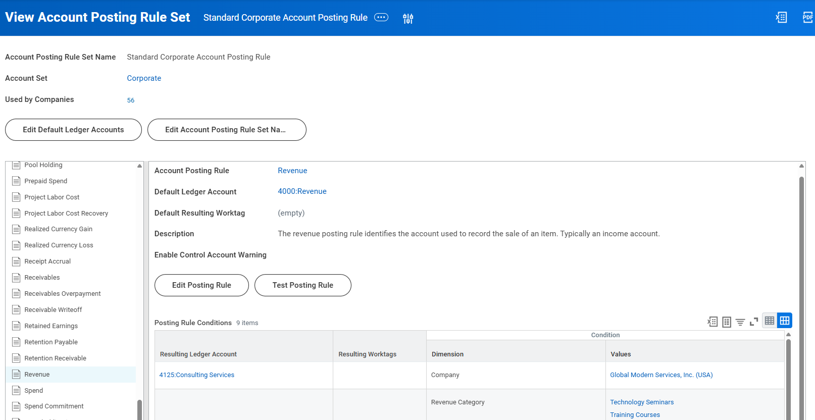 The "View Account Posting Rule Set" screen shows the selected Revenue posting rule details and conditions for corporate accounts.