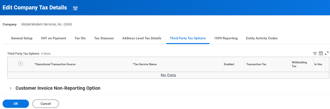The "Edit Company Tax Details" screen displays an empty "Third Party Tax Options" table with "No Data" for Global Modern Services.