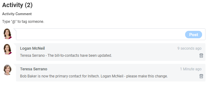 The Activity section displays recent comments from Logan McNeil and Teresa Serrano updating contact information for Initech.