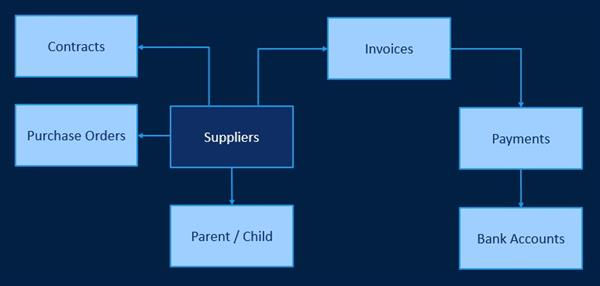 A diagram showing Suppliers connected to Contracts, Purchase Orders, Parent/Child, and Invoices. Invoices branches off into Payments, which branches off into Bank Accounts.