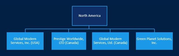 Diagram showing North America branching off to four North American companies.