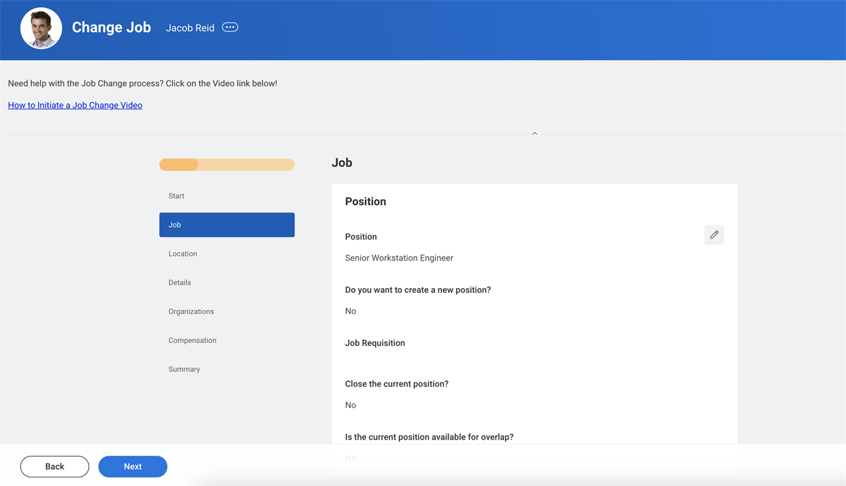 A screenshot of the guided editor for the Change Job business process template.