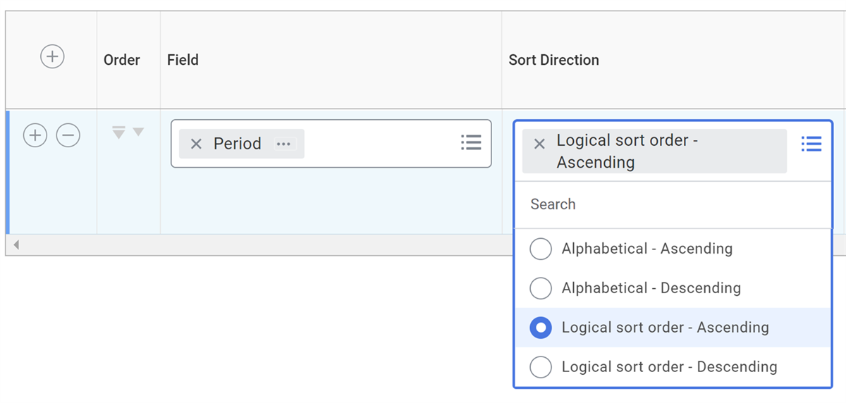 Screenshot of a field with a logical sort order option.