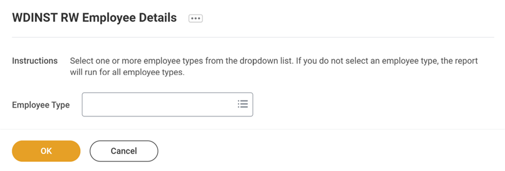 Screenshot of a report prompt window. Underneath the report name, there is a line of text that reads: Instructions: Select one or more employee types from the dropdown list. If you do not select an employee type, the report will run for all employee types. Below the text is a blank field labeled, Employee Type.