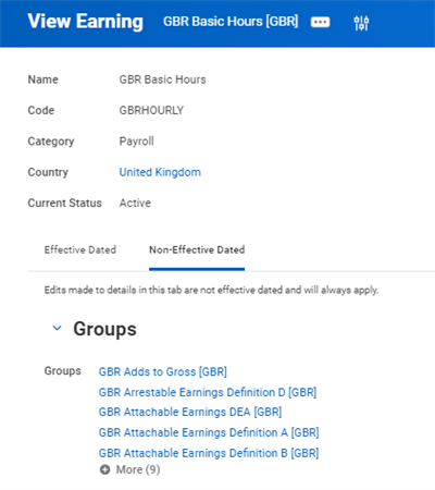 The Non-Effective Dated tab in the View Earning page showing a list of groups.