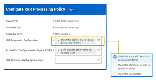 A sample ISIR Progression Policy configuration that shows choices of student is admitted and decision is confidential internal, student is admitted and decision is publicly available, or student is matriculated.