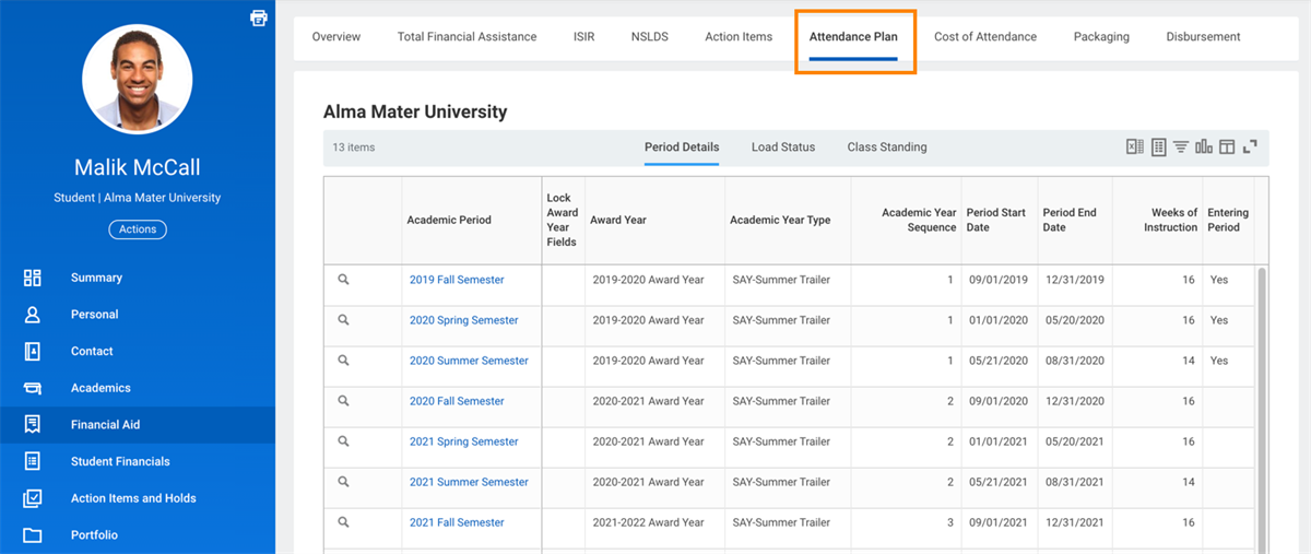 A screenshot of a student's attendance plan in Workday.