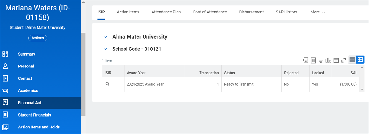 A screenshot of ISIR tab in the financial aid profile group on the student profile.