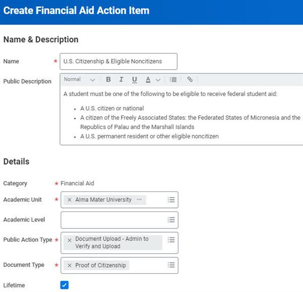 A screenshot of the Create Financial Aid Action Item tasks as mentioned in the preceding text.