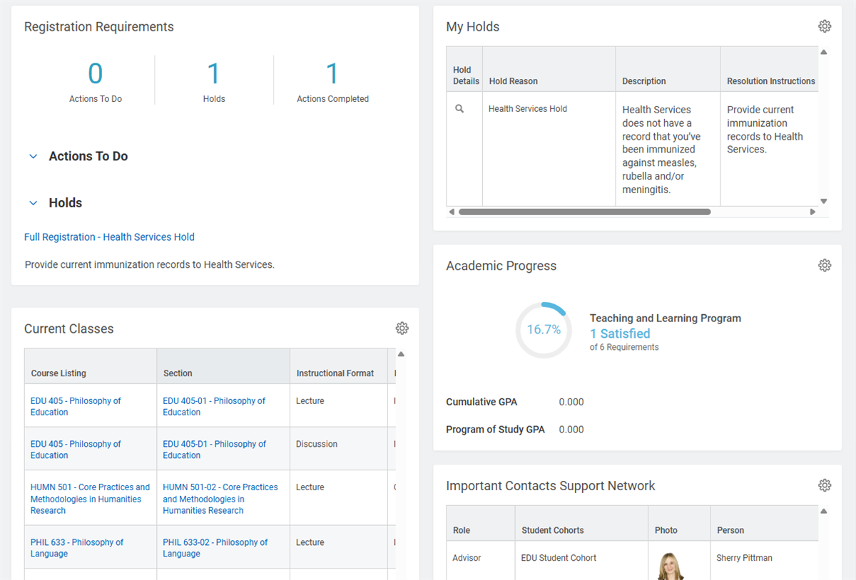 Image of the Academic worklet, with several displays of a student's active holds highlighted
