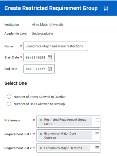 Image of the Create Restricted Requirement Group task.