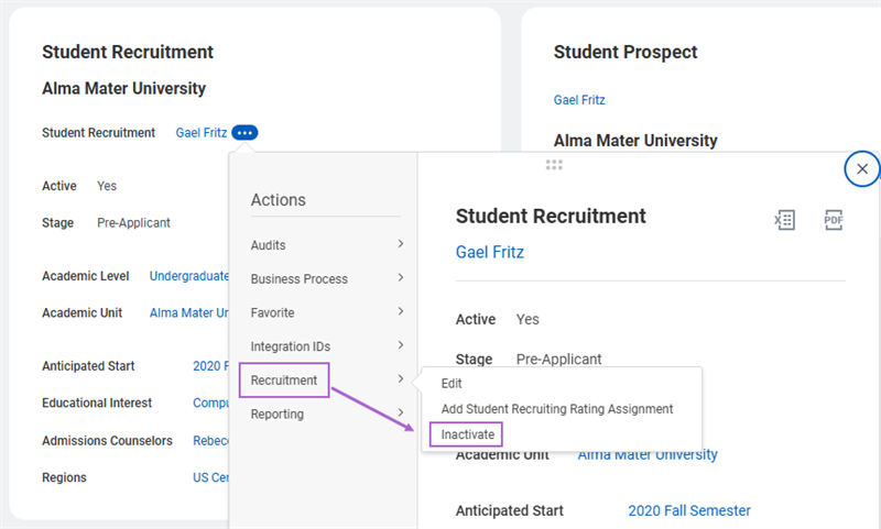 The Related Actions from a student recruitment profile. Select Recruitment and then Inactivate to inactivate a prospect.