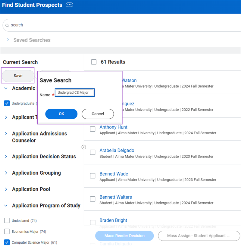 Screenshot of the Find Student Prospects report with the Save Search button highlighted.