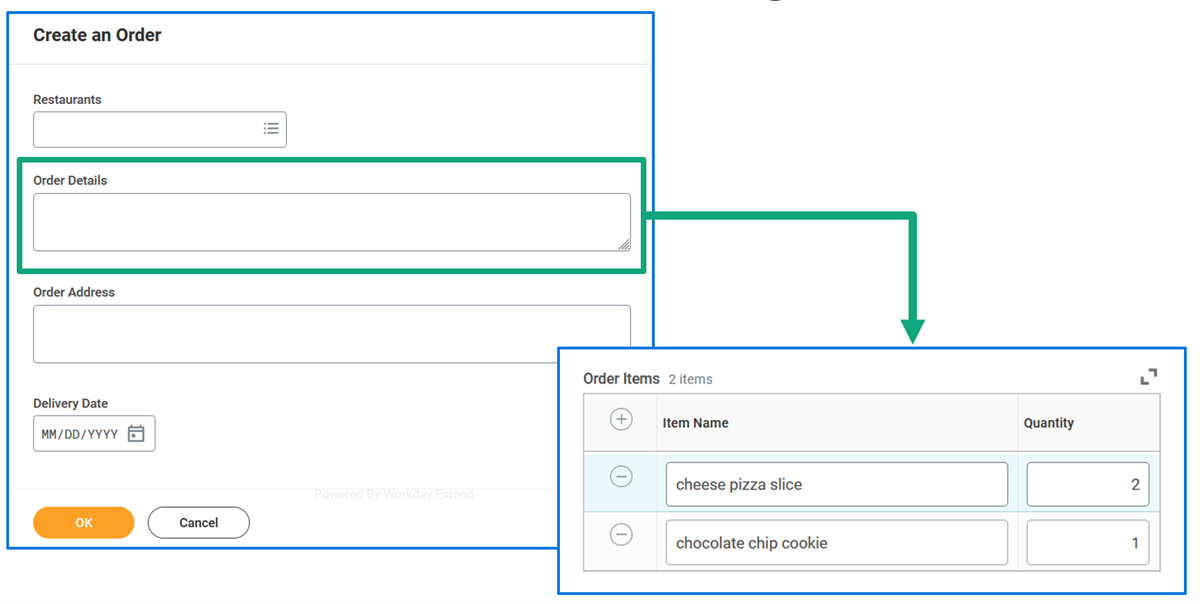 Screenshots of the old and new UIs for the Create an Order page. The old UI has an Order Details text area field. The new UI has an Order Items grid where users enter an Item Name and Quantity on each row.