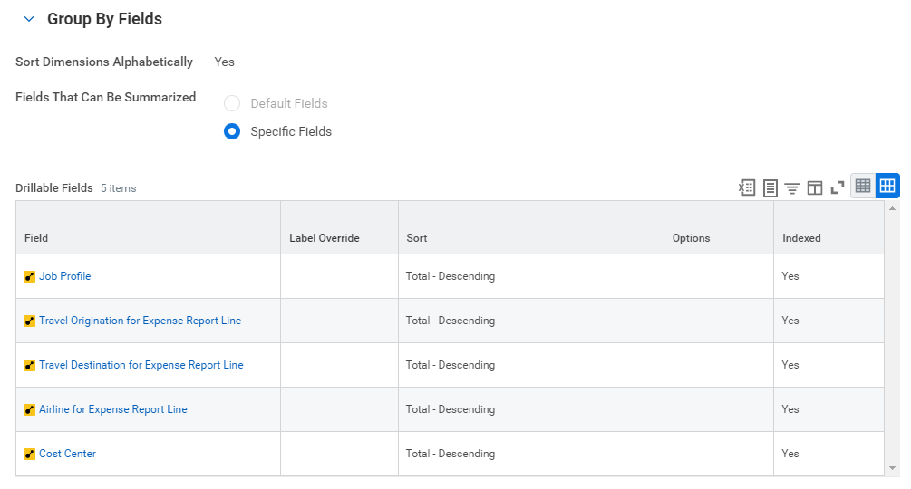 Drillable Fields configuration from the Drill Down tab in the report definition.