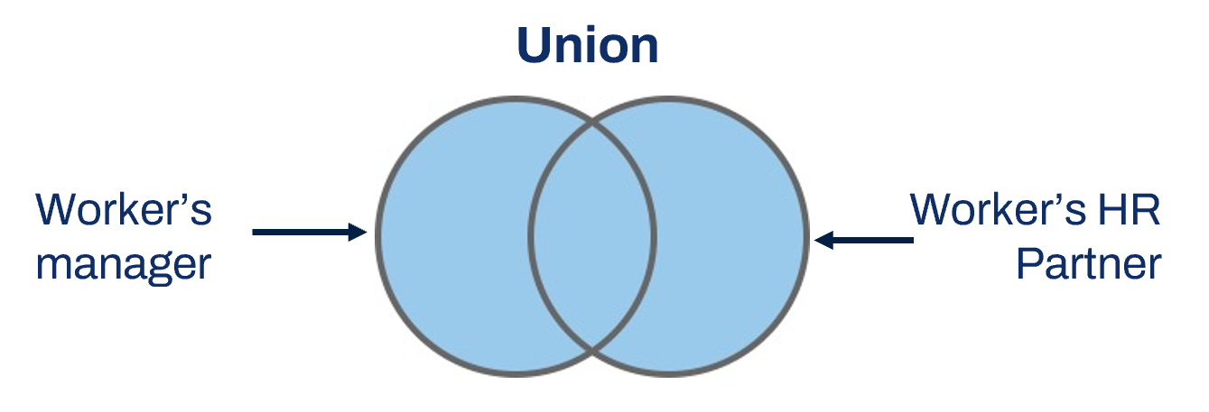 Diagram of the Union extract multi-instance operation type. One circle represents Worker's manager. The second circle represents Worker's HR Partner. The two circles overlap. All areas of both circles are highlighted.