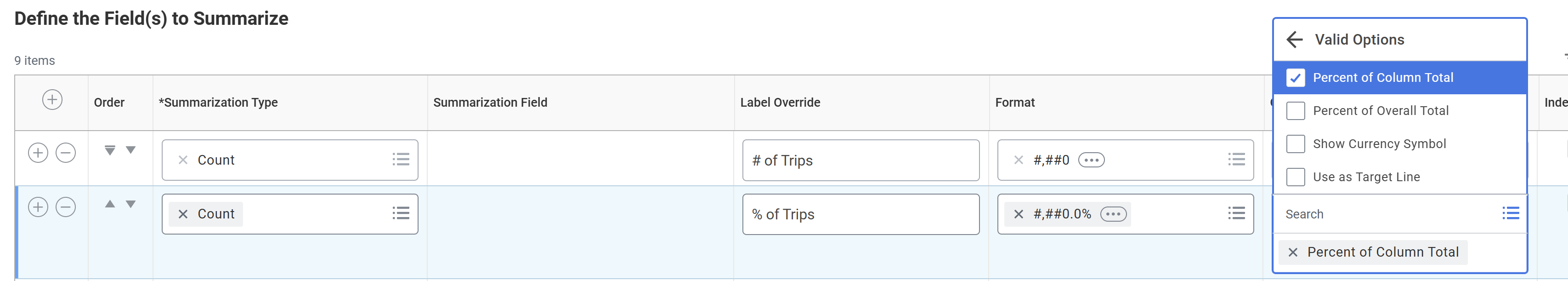 Define Field to Summarize with Percent of Column Total specified as an Option for the Summarization.
