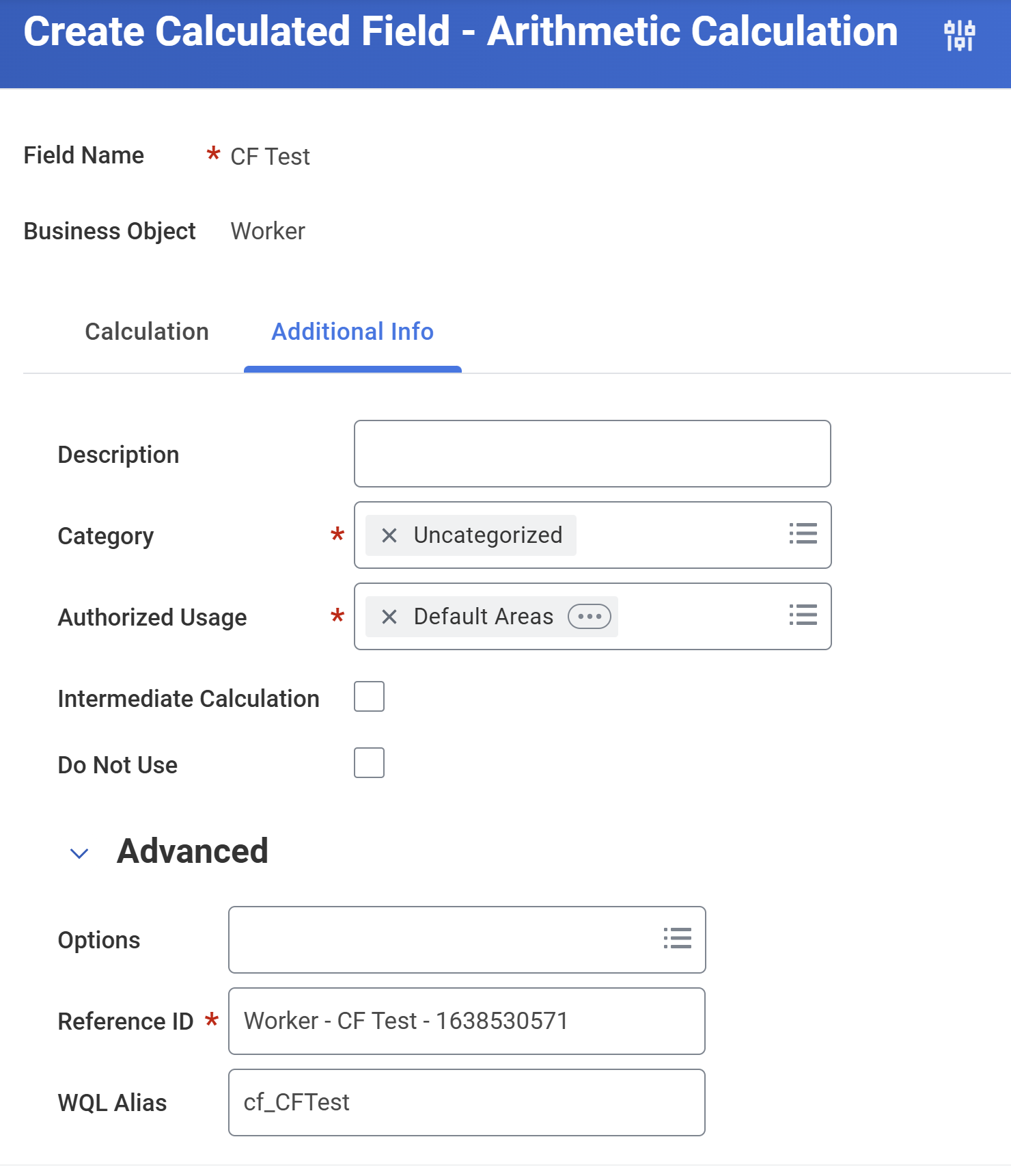 Advanced Options from the Additional Info Tab on the Create Calculated Field Task.