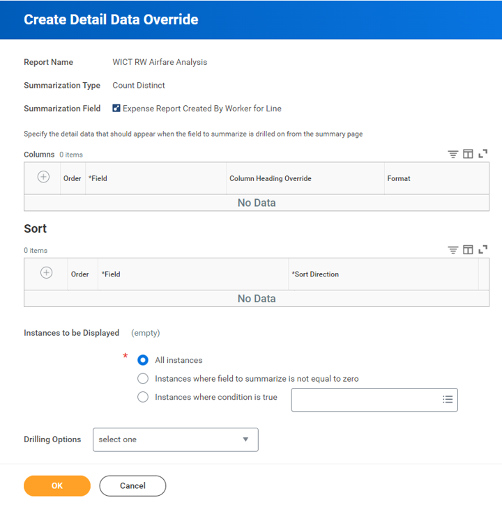 Create Detail Data Override task accessed from the report definition's Matrix tab, within the Options column of a Summarization in the Define the Field(s) to Summarize section.