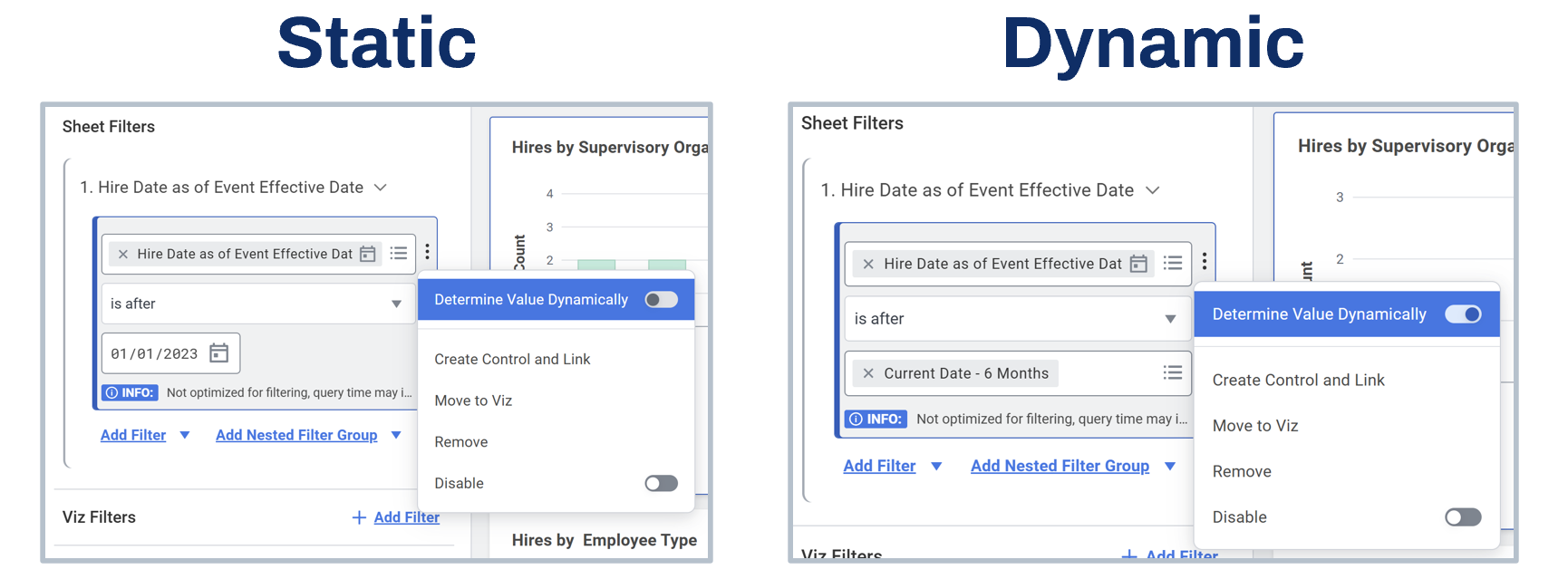 A comparison of two screenshots of a static filter and a dynamic filter, as described in the preceding text.