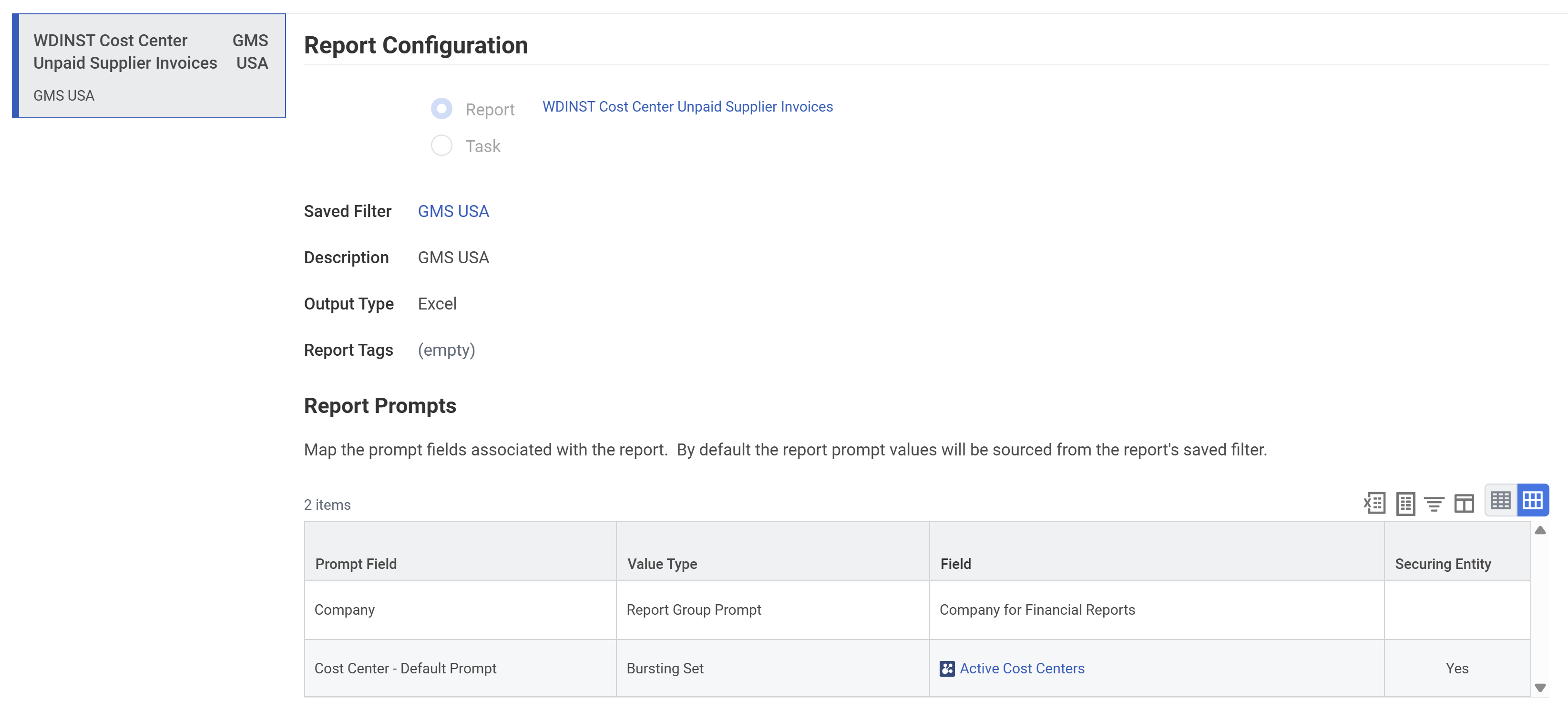 Reports tab of a report group with Bursting Set defined as the Value Type in the Report Prompts grid.