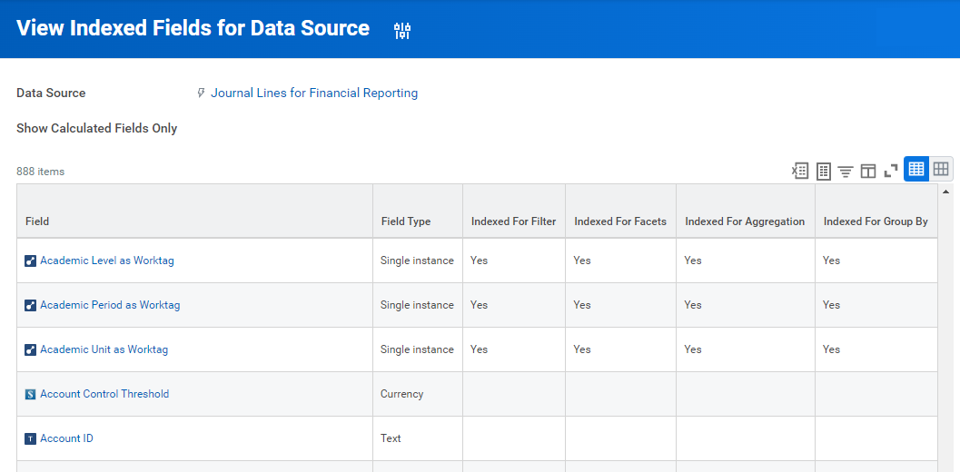 The View Indexed Fields for Data Source report using the Journal Lines for Financial Reporting data source.