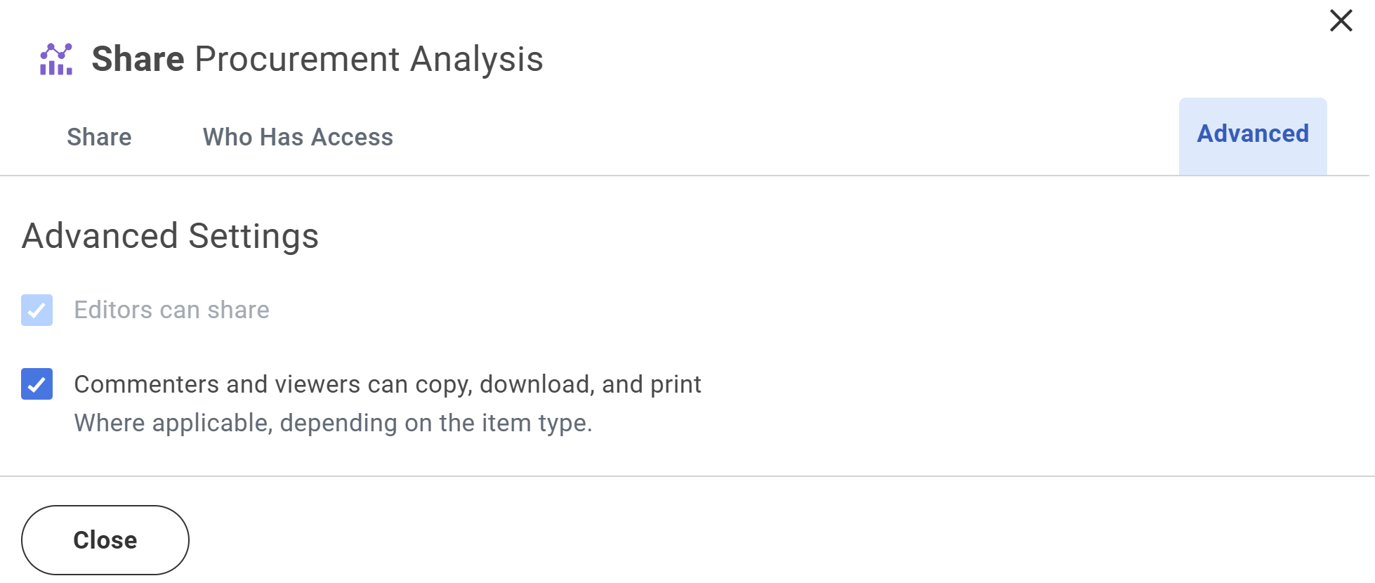 The Advanced tab in the Share card as described in the preceding text.