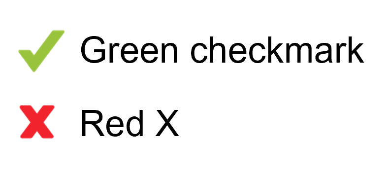 Green checkmark and Red X icons