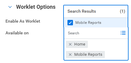 Worklet Options of a report definition with Mobile Reports selected.