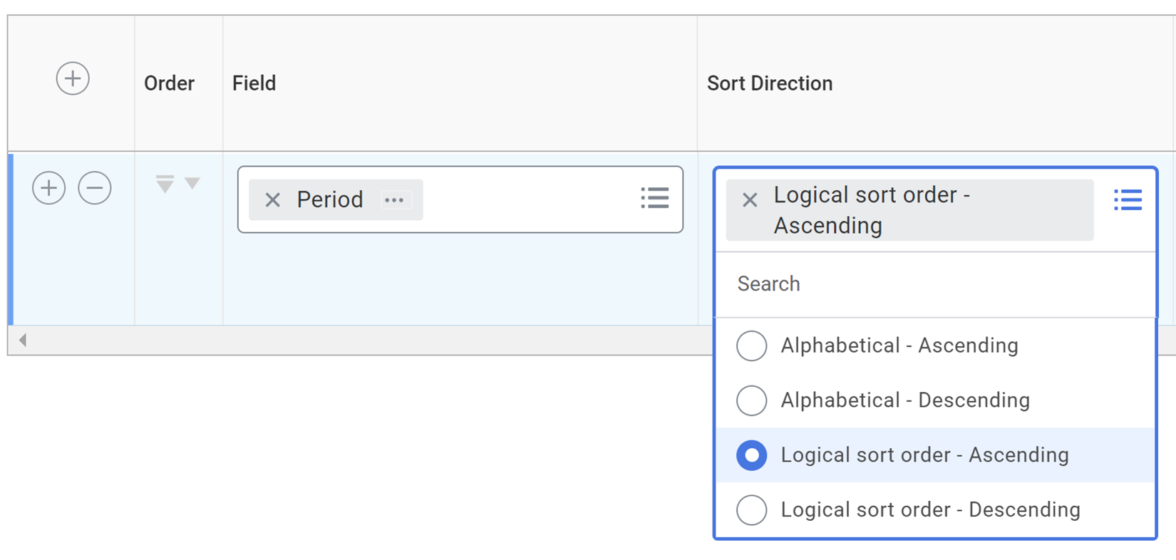 Screenshot of a field with a logical sort order option.