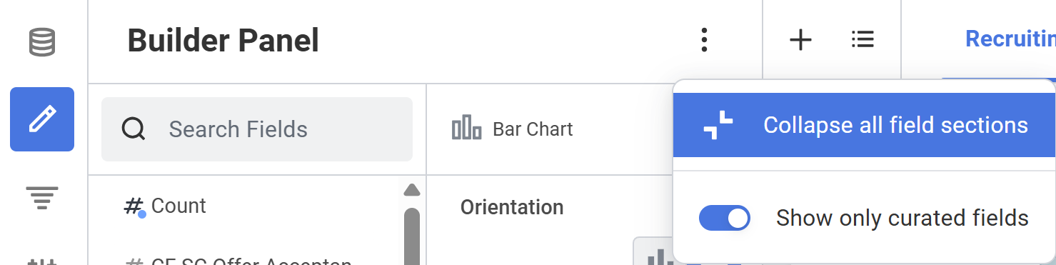 Screenshot of the "Show only curated fields" toggle in the Builder Panel.
