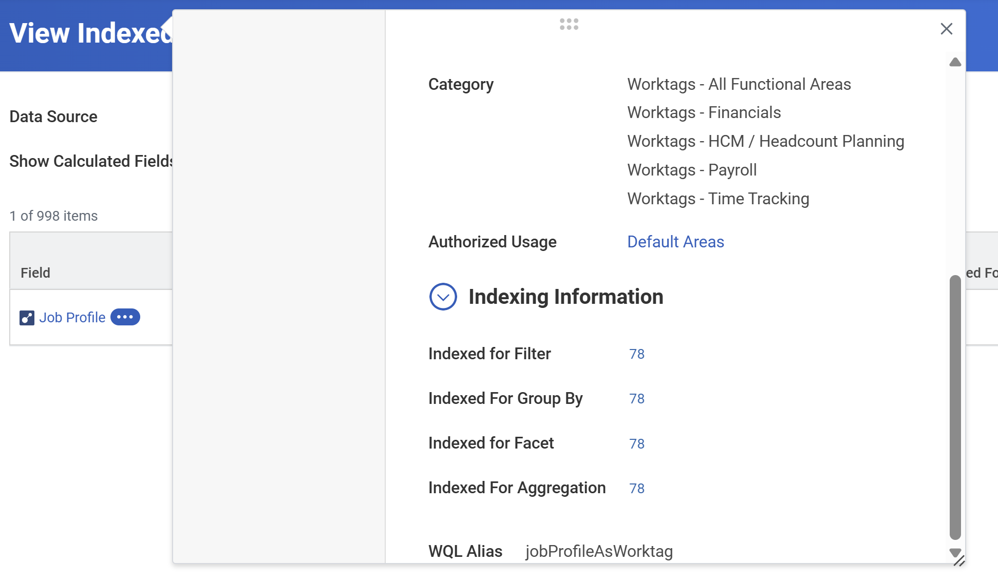 Example 1: Report field indexing information when previewing the report field.