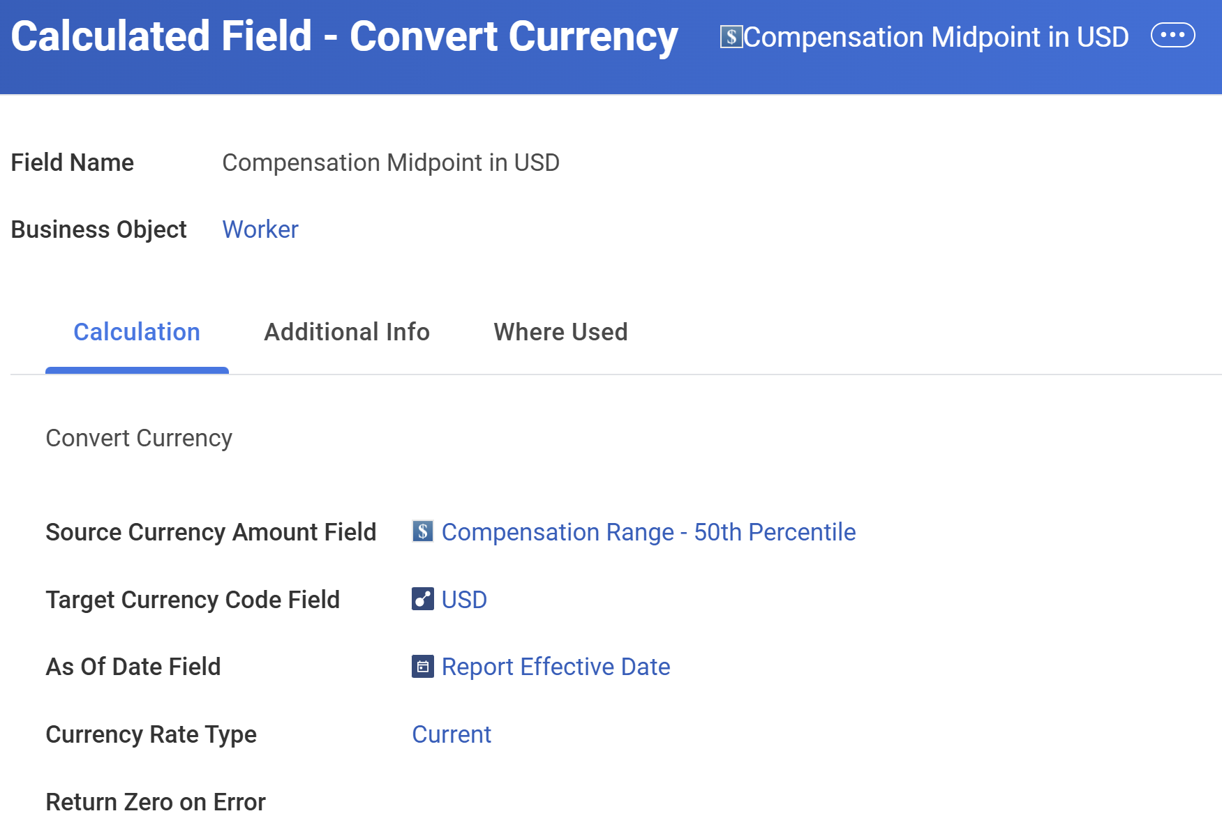 An image showing that you can use the Target Currency Code Field to convert the Source Currency Amount Field currency value to a new target currency.