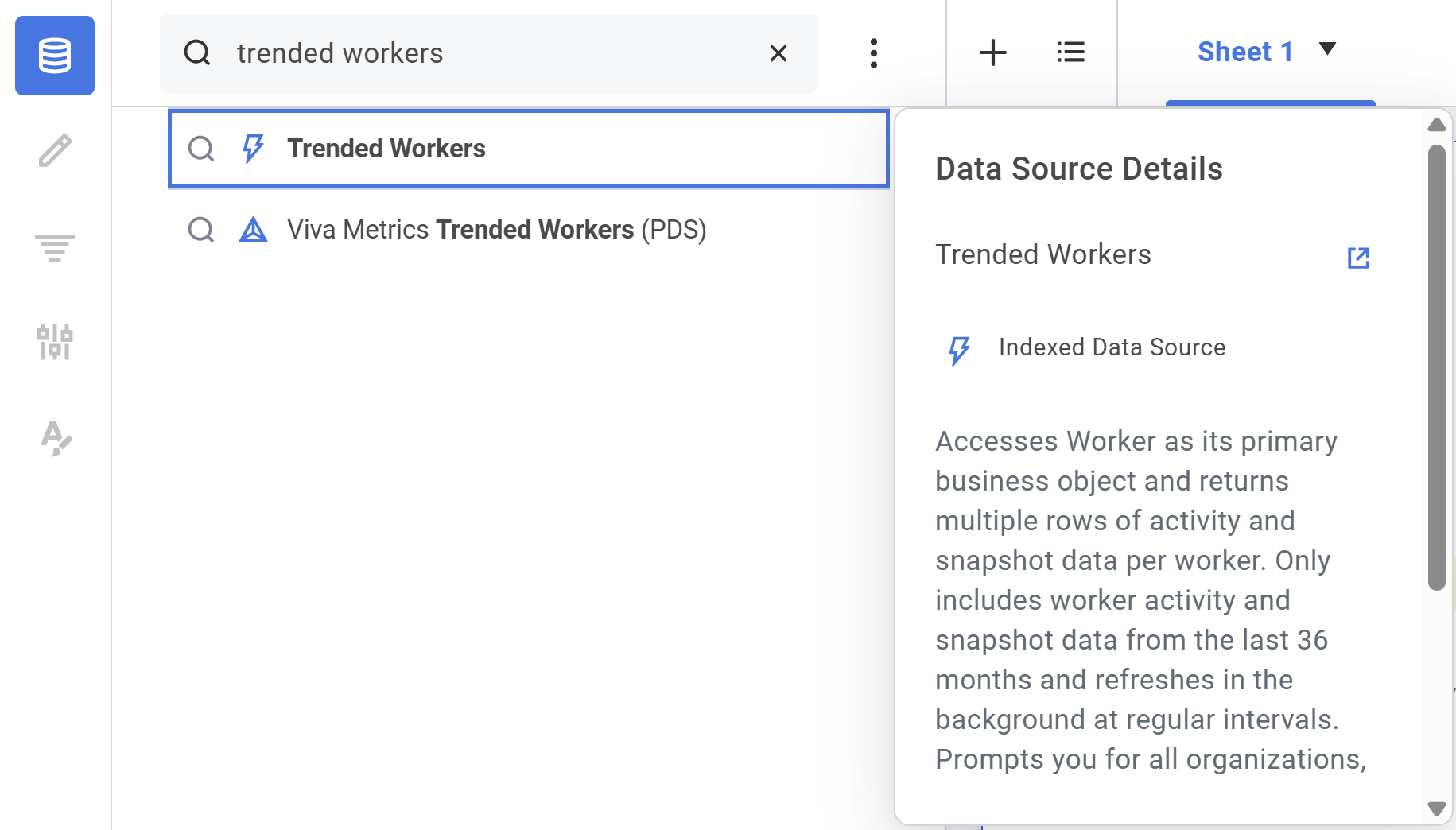 A screenshot of the data source list with the Trended Workers data source and data source description, as referenced in the preceding text.