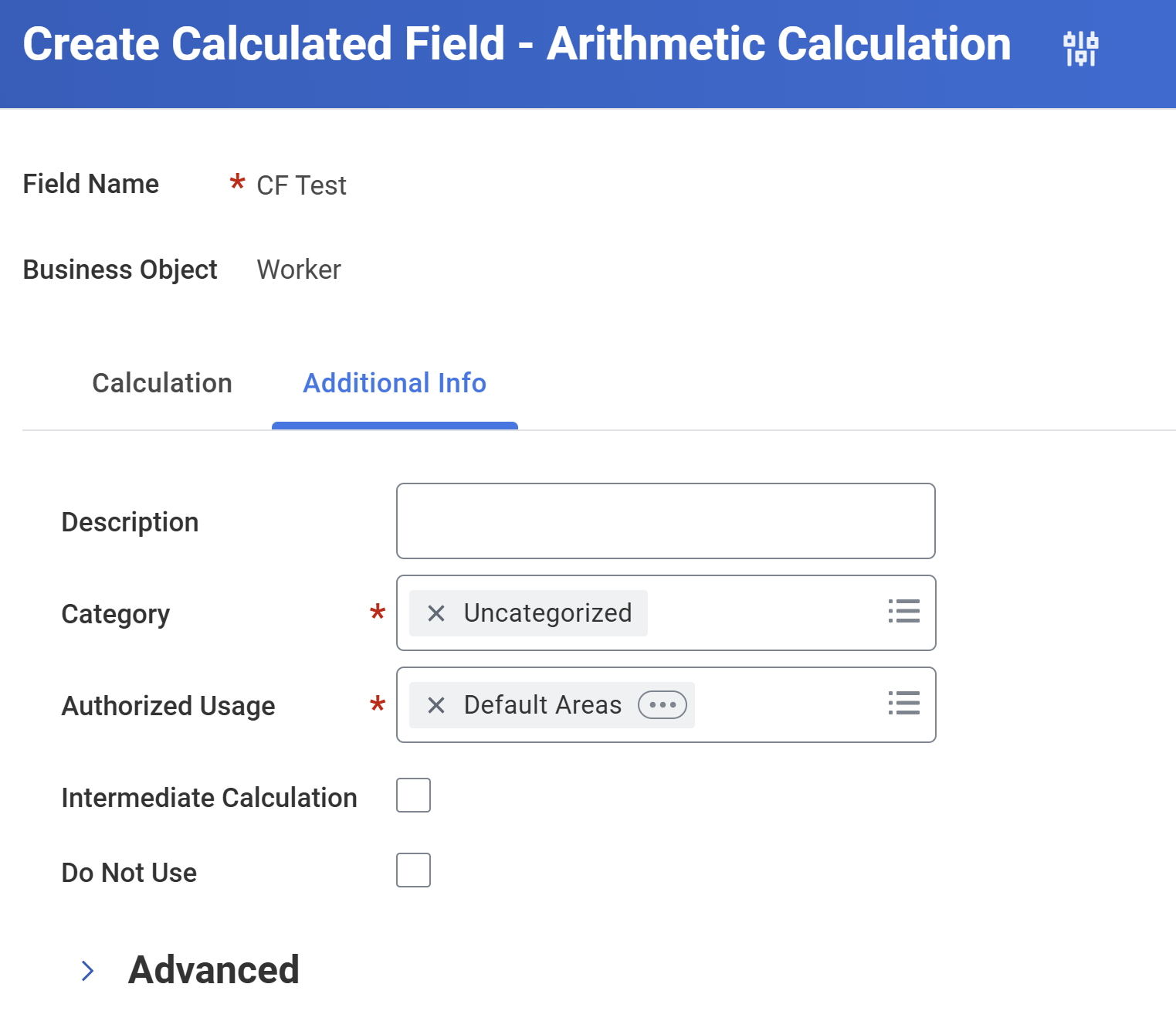 Additional Info Tab from the Create Calculated Field Task.