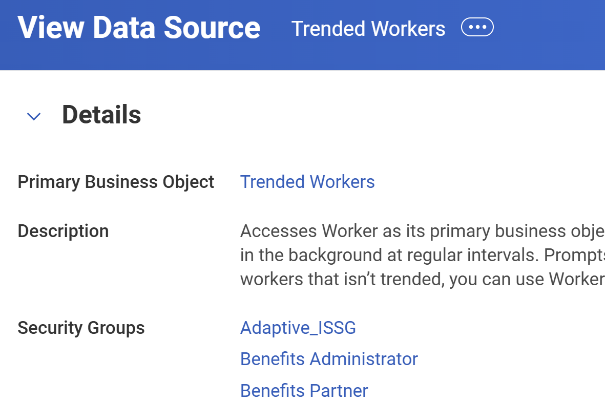 Screenshot of the View Data Source report for Trended workers, which shows that the primary business object is Trended Workers.