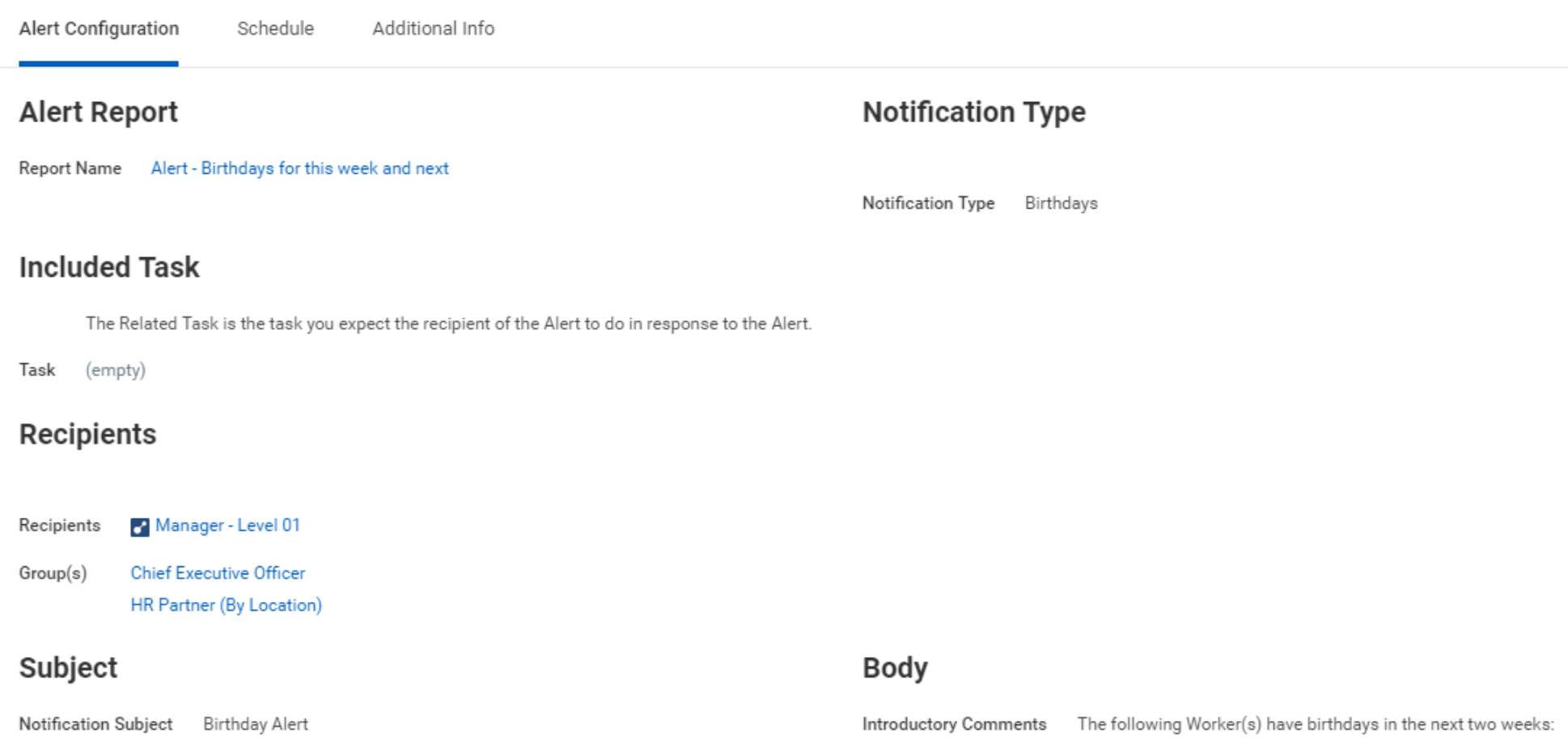 The Alert Configuration tab of the Birthday Alert.