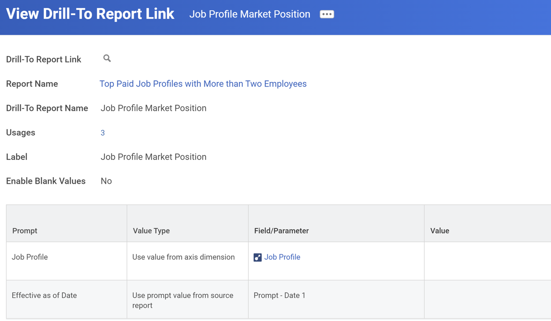 An example of a drill-to report link definition.