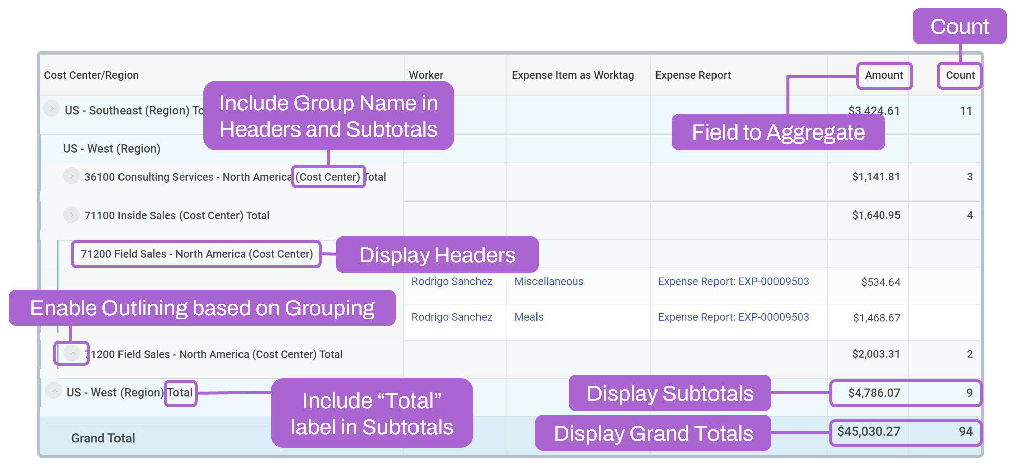 Screenshot highlighting components of the report output and how totaling, grouping, and outlining options map to the report output.