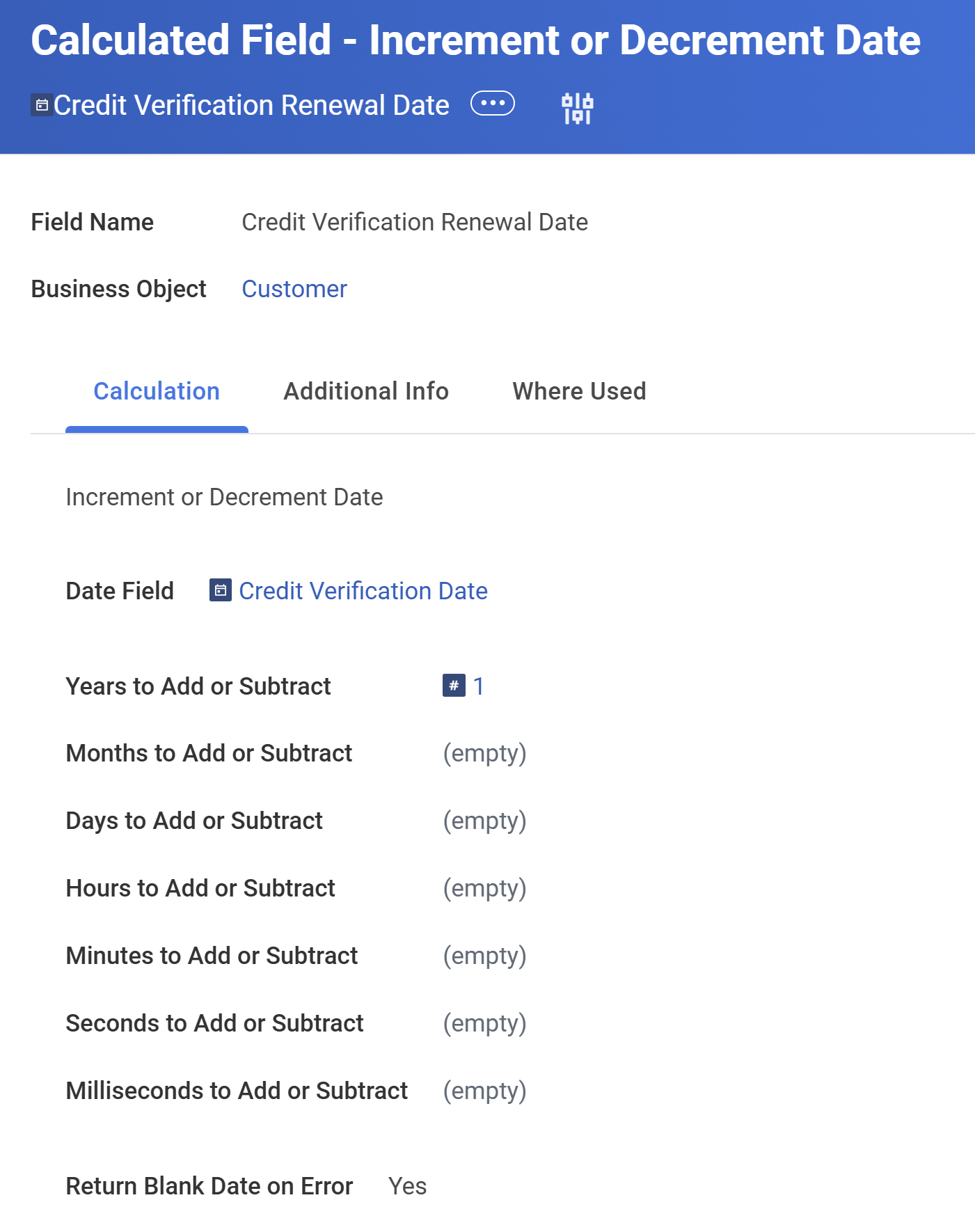 Example of an Increment or Decrement Date field. Notice the Date Field identifies the target field and the calculation adds one year.