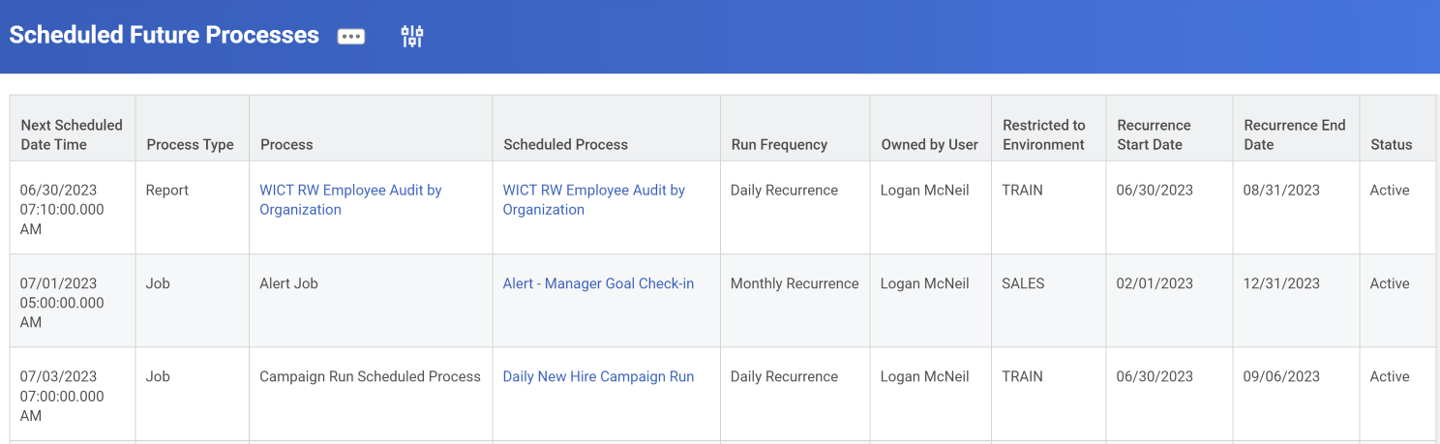 Scheduled Future Processes report output.