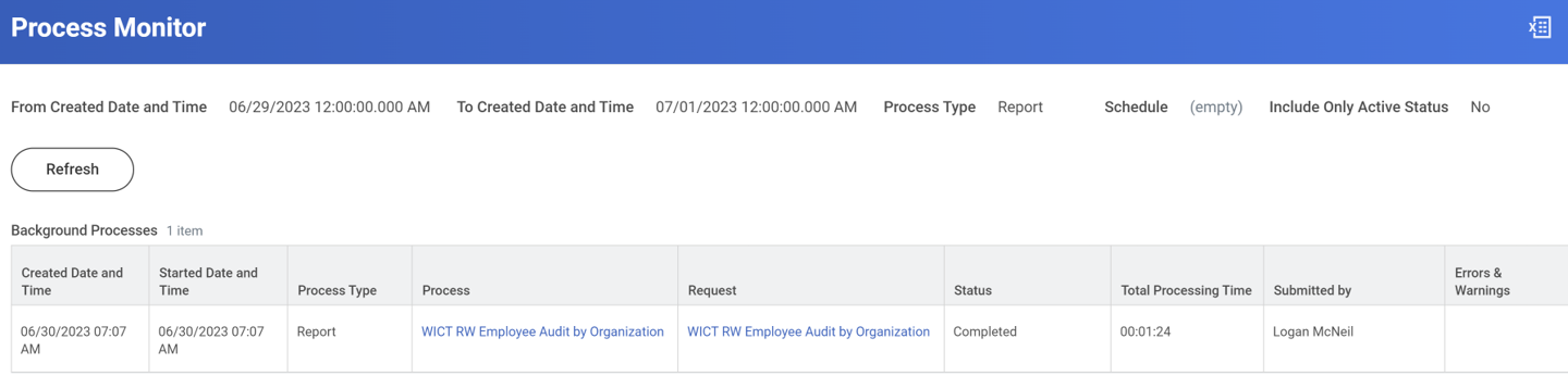 Example output of the Process Monitor report. Columns include Created and Started Date Time, Process Type, Process, Schedule, Request, Status, Percent Complete, Total Processing Time, Submitted by, Errors & Warnings.