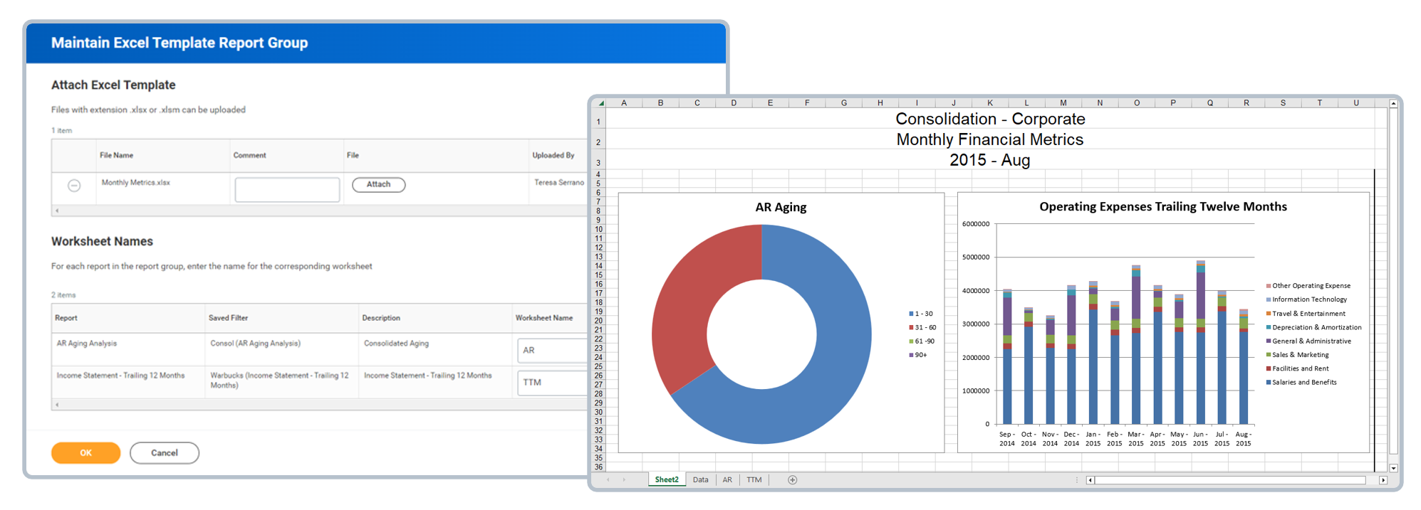 Example of using Maintain Excel template with an individual custom report for Excel formatting.