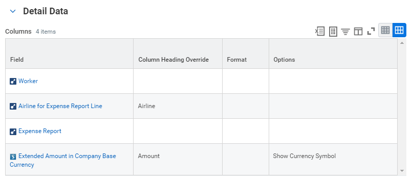 Detail Data configuration from the Drill Down tab in the report definition.