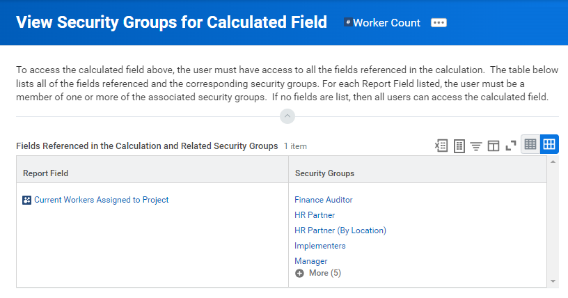 View Security Groups for Calculated Field report.