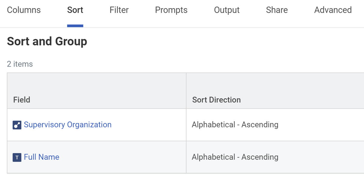 Example of sorting by Supervisory Organization, then by Full Name.