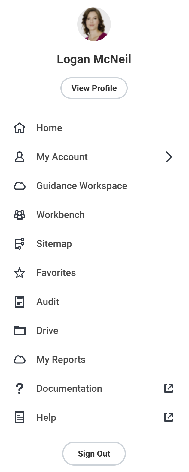A screenshot of Logan McNeil's profile menu. The Drive option is highlighted.