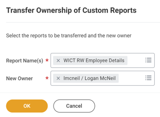 Screenshot of Transfer Ownership of Custom Reports task with fields: Report Name(s) and New Owner.
