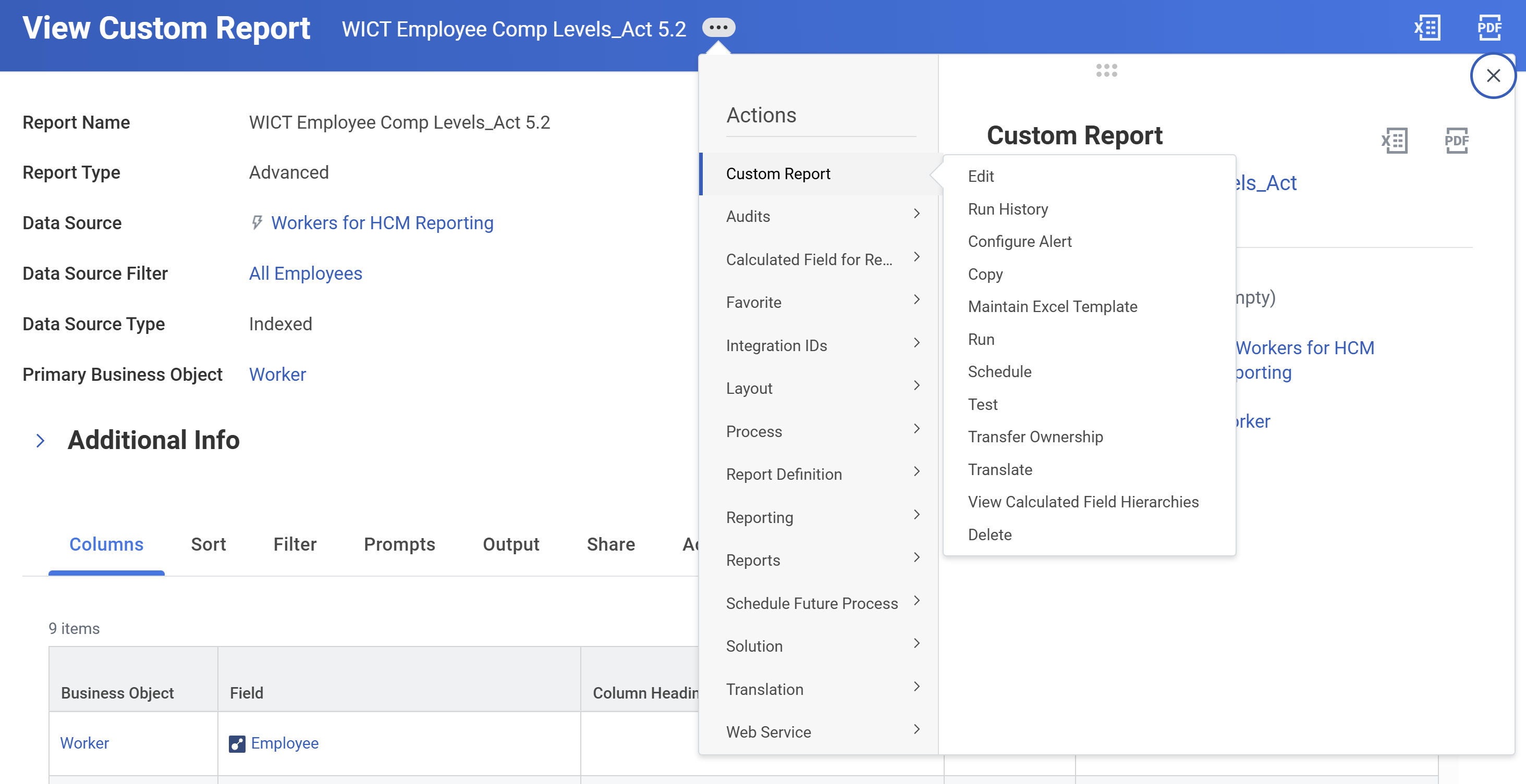 Screenshot of View Calculated Field Hierarchies off the WDINST CF Employee Comp Levels report.